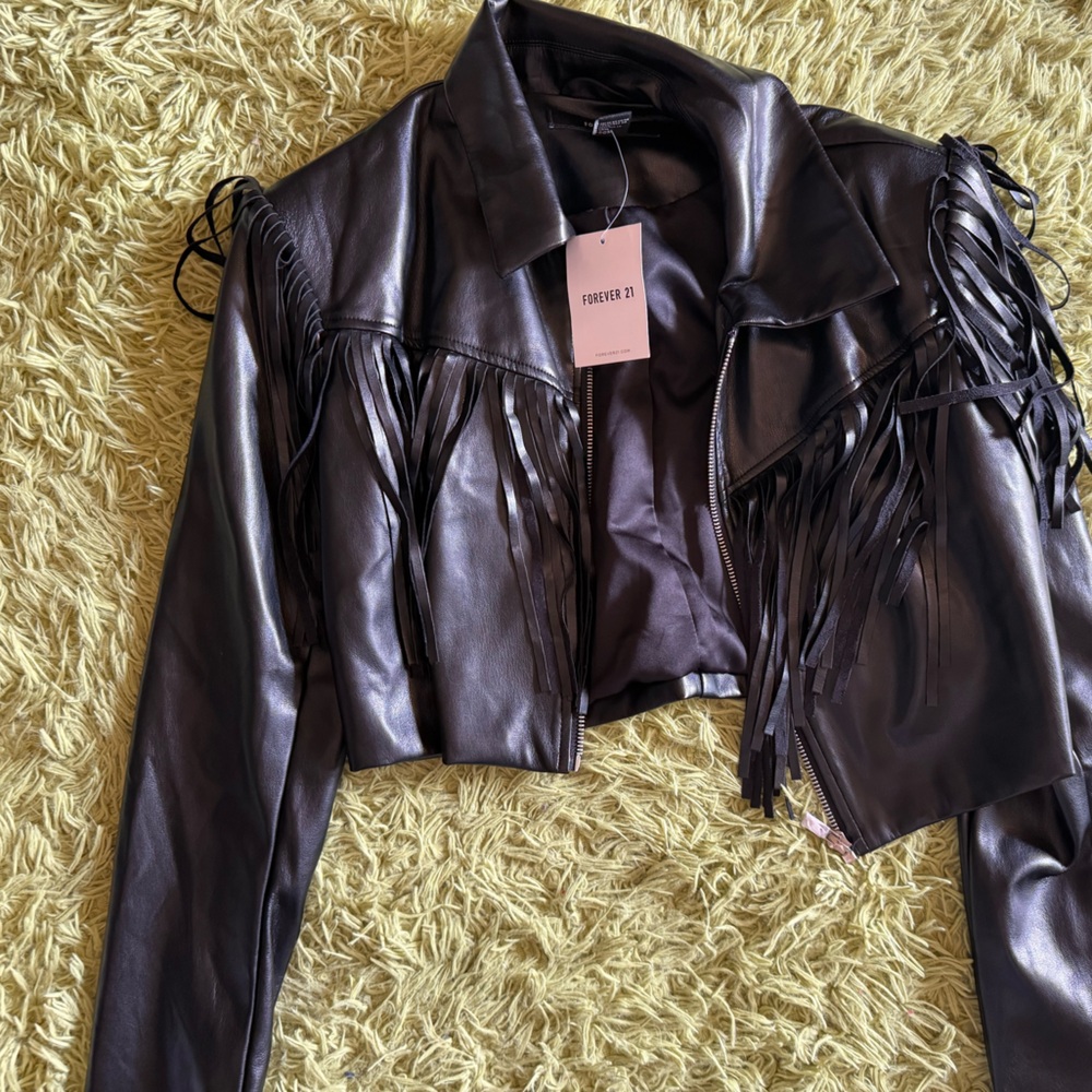 Black Fringe Faux Leather Jacket
